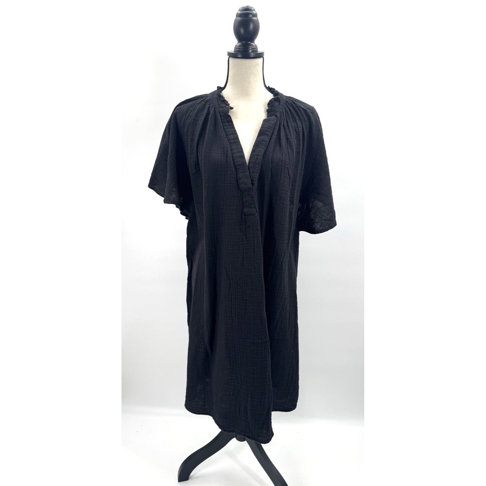 H&M Black Shirt Dress XL Cotton Gauze Flare Flutter Sleeve Dark Cottage Beachy